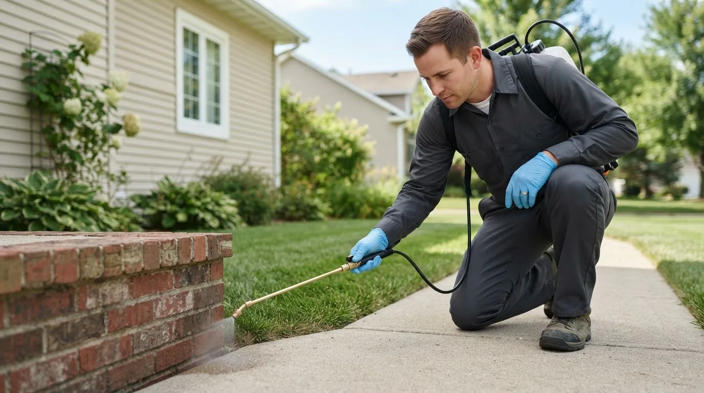 Pest control technician treating a home near Clements, MN